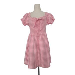 Y2K Babydoll Gingham Milkmaid Puff Sleeve Smocked Dress Size M Pink Cottagecore